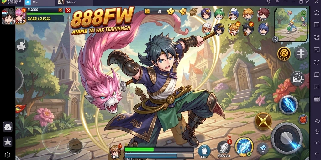 Tampilan gameplay 888FW yang menarik dengan karakter anime berwarna-warni.