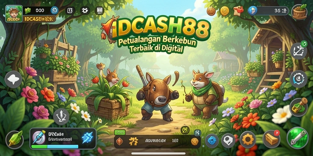 Screenshot gameplay IDCASH88 dengan kebun yang indah dan aktivitas berkebun.