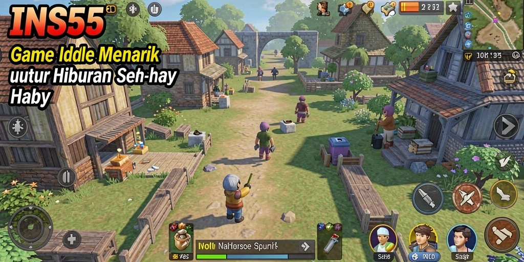 Tangkapan layar INS55 menampilkan gameplay seru dengan karakter idle yang unik.