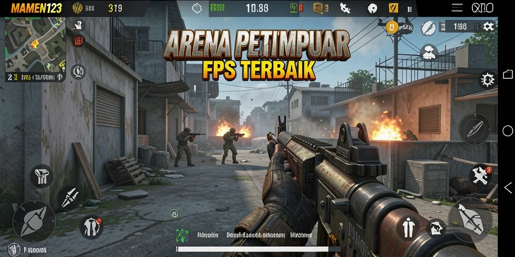 Screenshot utama MAMEN123 menampilkan aksi tembak-menembak di arena pertempuran.
