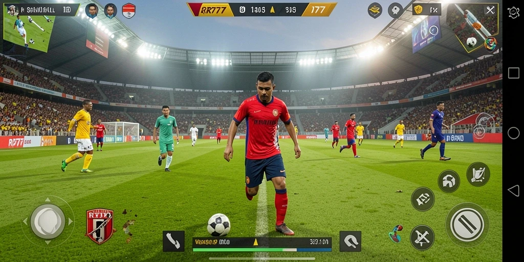 Screenshot gameplay RR777 yang menampilkan aksi seru di lapangan sepak bola.