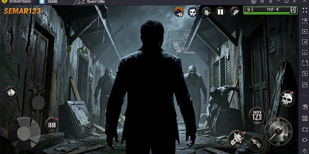 Screenshot gameplay SEMAR123, menampilkan suasana horor yang mencekam.